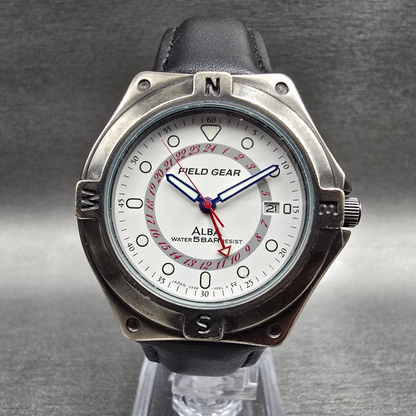 Alba Field Gear Watch Men 38mm White Dial Silver Date V339-7020 New Battery0