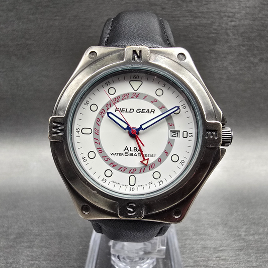 Alba Field Gear Watch Men 38mm White Dial Silver Date V339-7020 New Battery0