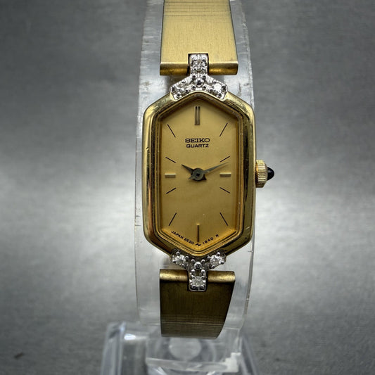 Seiko Watch Women 13mm Gold Dial Gold Tone Hexagon 2E20-6459 Diamonds New Batt0