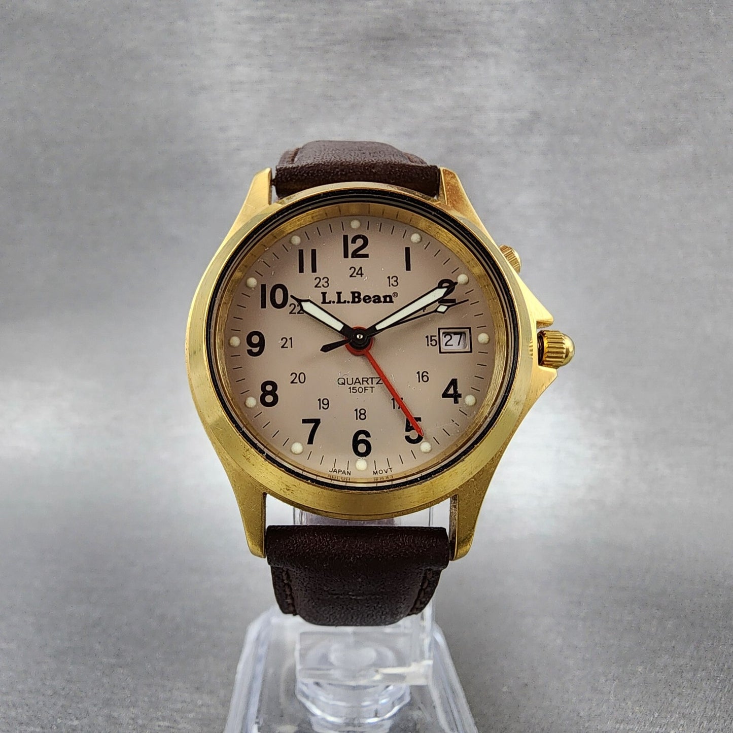 LL Bean Alarm Watch Men 34mm Gray Dial Gold Tone Date Round New Battery