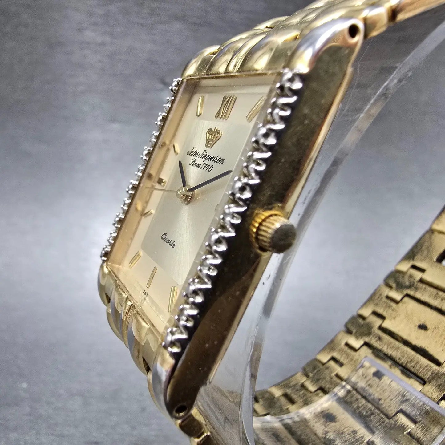 Jules Jurgenson Tank Watch Men 24mm Champagne Dial Gold Tone Rectangle New Batt2
