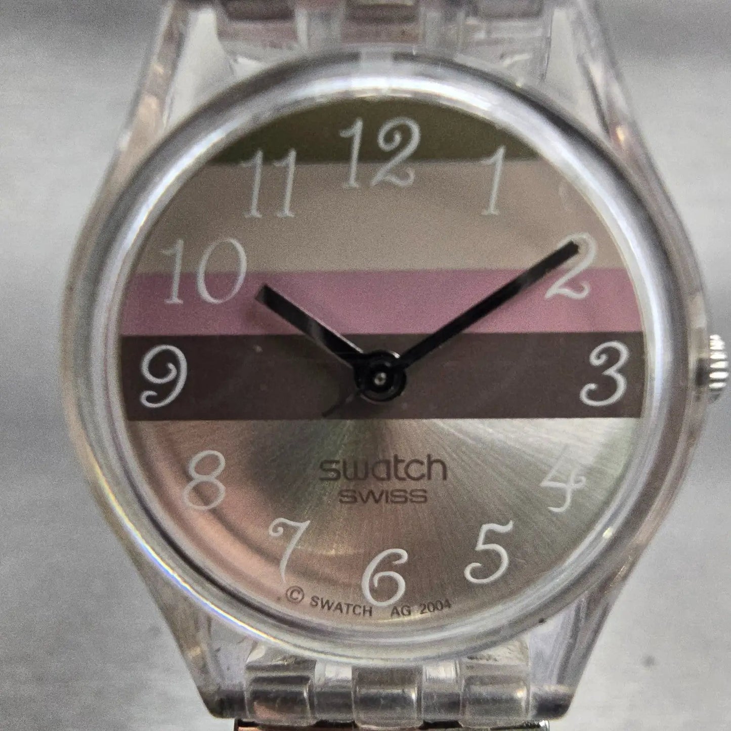 Swatch METALLIC DUNE Watch Women Brown Dial Clear Case Round LK258G New Battery2