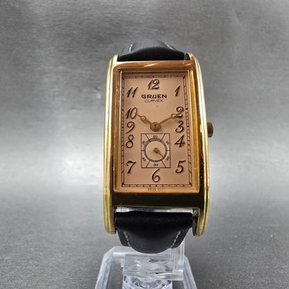 Gruen Curvex Watch Men 22mm Pink Dial Gold Tone Small Second Rectangle New Bat5