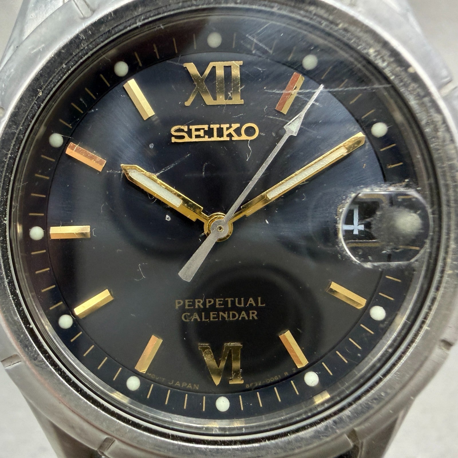Seiko Perpetual Calendar Watch Men 38mm Black Dial Steel Date 8F32-0079 New Batt1