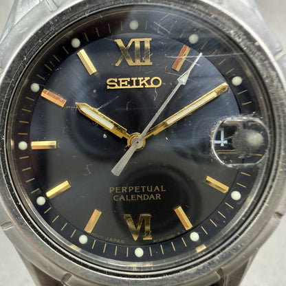 Seiko Perpetual Calendar Watch Men 38mm Black Dial Steel Date 8F32-0079 New Batt1