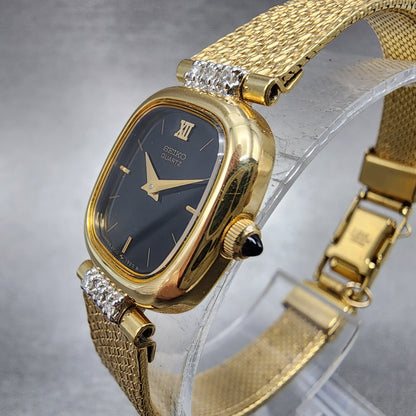 Seiko Watch Women 18mm Black Dial Gold Tone Diamond Accent Rectangle New Battery2