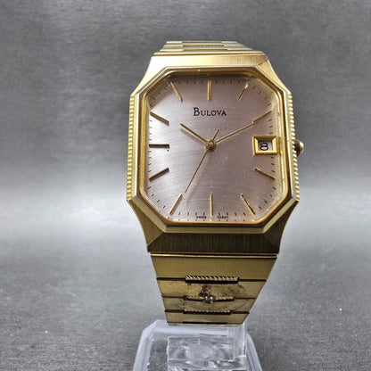 Bulova Tank Watch Men 29mm Silver Dial Gold Tone Date Octagon 92B29 PARTS VTG11