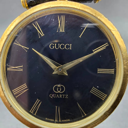 Gucci 2000M Watch Men 30mm Black Dial Gold Plated Leather Round New Battery VTGA1