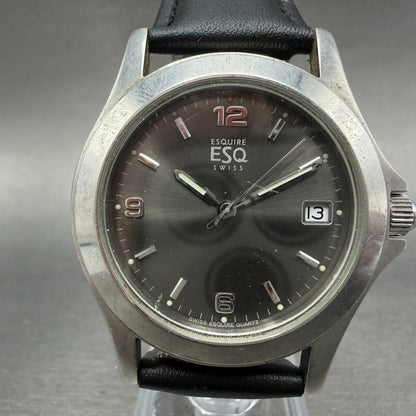 ESQ Watch Men 37mm Gray Dial Silver Tone Date Round 300712 Leather New Battery0