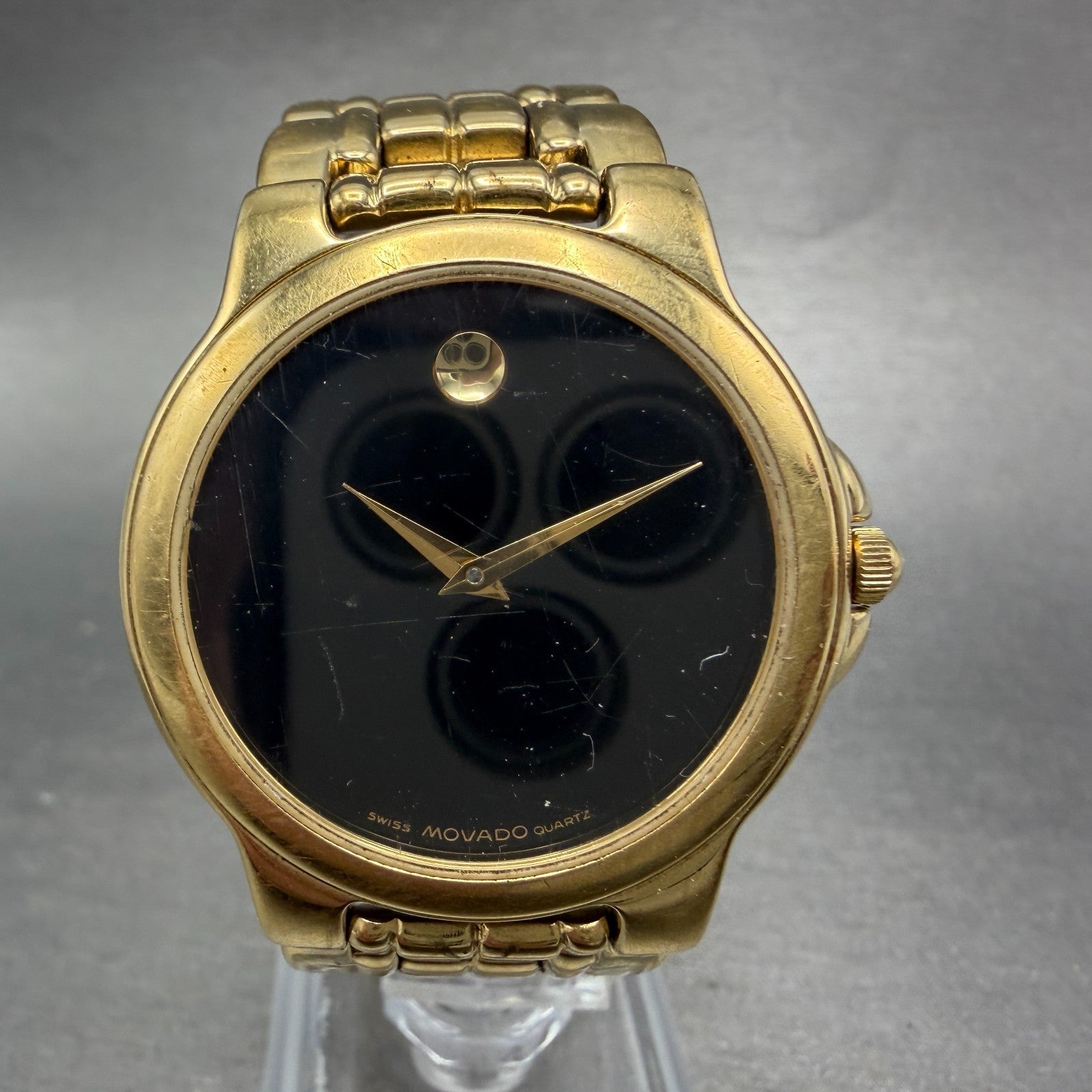 Movado Museum Watch Men 34mm Black Dial Gold Tone Round 88-E4-9885 New Battery0