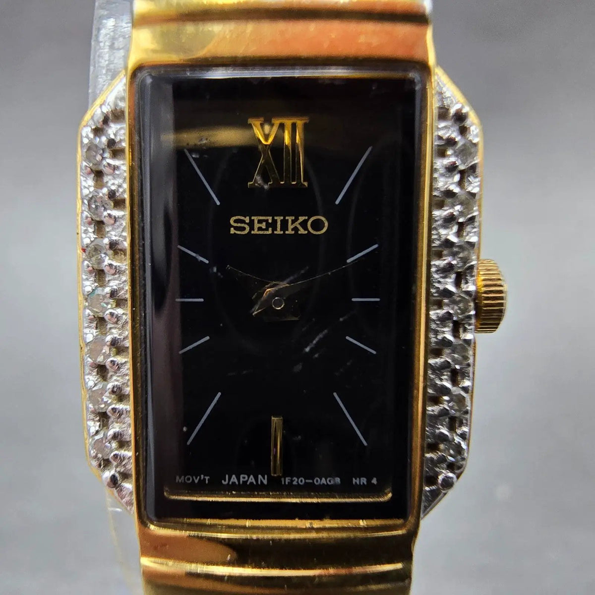 Seiko Tank Watch Women 15mm Black Dial Gold Diamond Bezel Rectangle  New Battery2