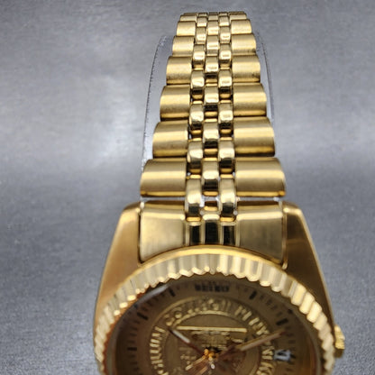 Seiko Watch Women 24mm Gold Dial Gold Tone Daydate Round 7N83-0041 Sigllum Runs
