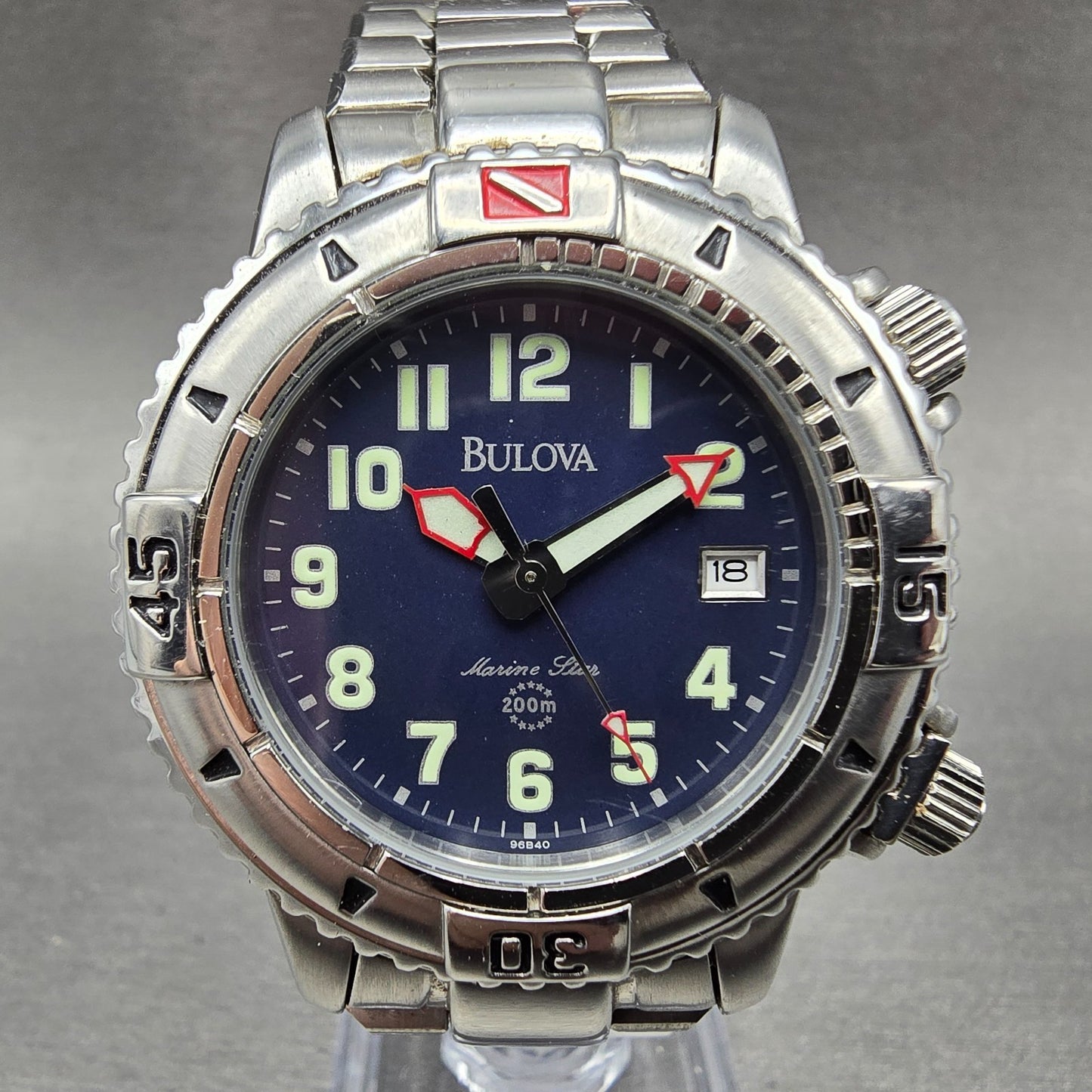 Bulova Marine Star Watch Men 38mm Blue Dial Silver Tone Date Round 96B40 PARTS0