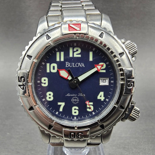 Bulova Marine Star Watch Men 38mm Blue Dial Silver Tone Date Round 96B40 PARTS0