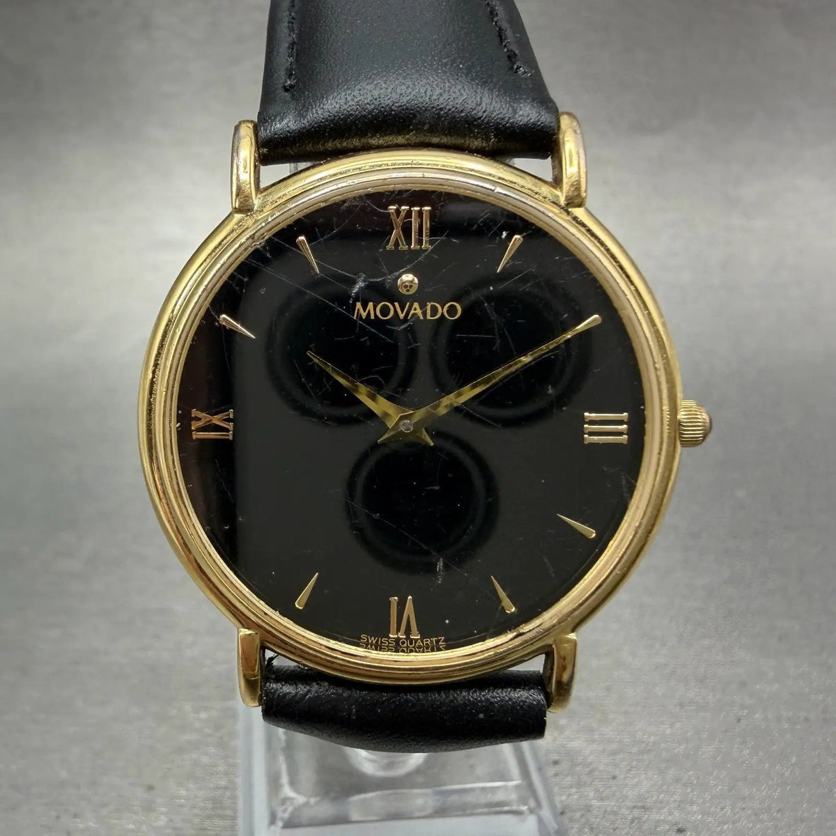 Movado Watch Men 34mm Black Dial Gold Tone Round 87-E4-0885 New Battery VTG0