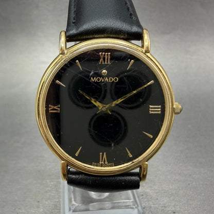 Movado Watch Men 34mm Black Dial Gold Tone Round 87-E4-0885 New Battery VTG0