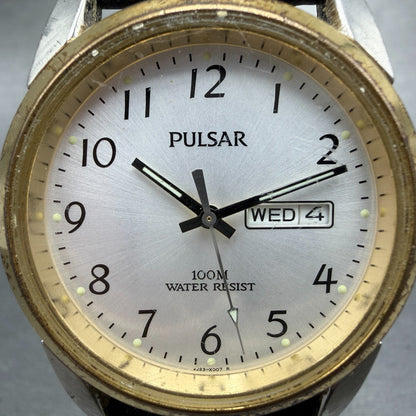 Seiko Pulsar Watch Men 38mm Silver Dial Two Tone Daydate VJ33-X006 New Battery1