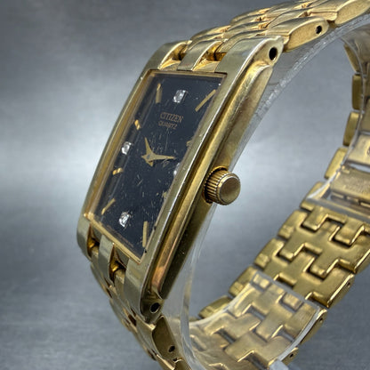 Citizen Tank Watch Men 24mm Black Dial Gold Tone 1022-K18078 New Battery 67HM2