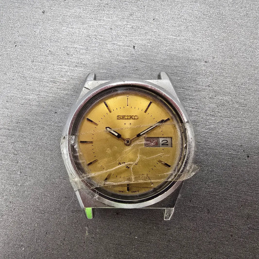 Seiko 5 Automatic Watch Men 38mm Gold Dial Steel Daydate 7009-8761 PARTS0