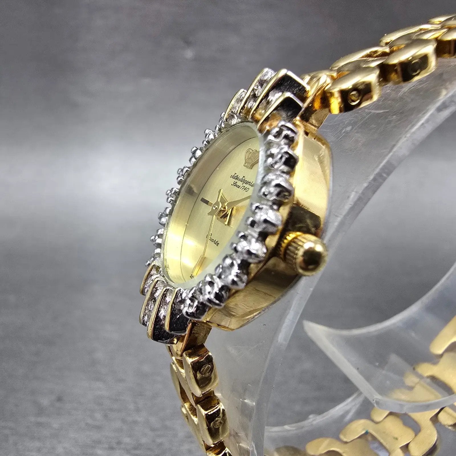 Jules Jurgenson Watch Women 17mm Champagne Dial Gold Oval Gem Set Bezel New Batt2