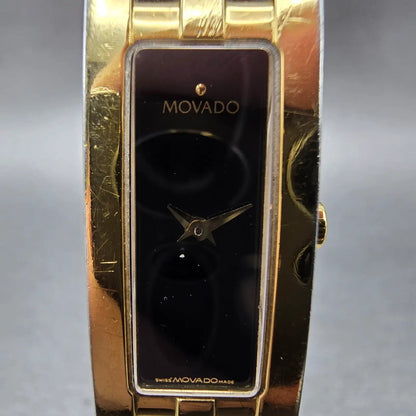 Movado Esperanza Tank Watch Women 14mm Black Dial Gold Tone 88 H5 1400 New Batt1