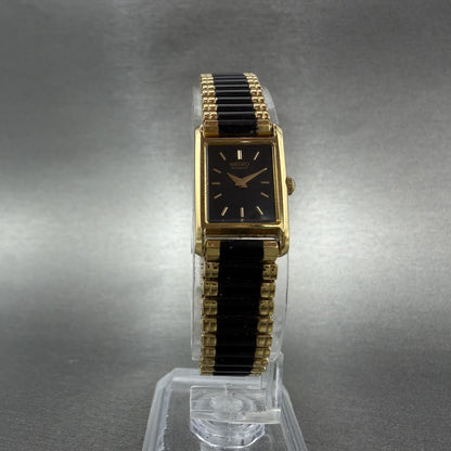 Seiko Tank Watch Women 14mm Black Dial Gold Tone Rectangle 1F20-5A69 New Batt TH5
