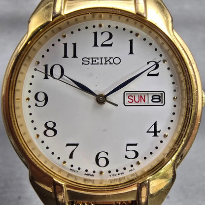 Seiko Watch Men 34mm White Dial Gold Tone Daydate Round V733-6C80 New Battery1