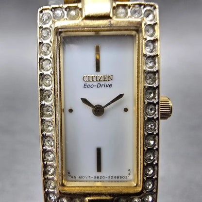 Citizen Eco-Drive Tank Watch Women 14mm White Dial Gold Crystal Bangle Works1