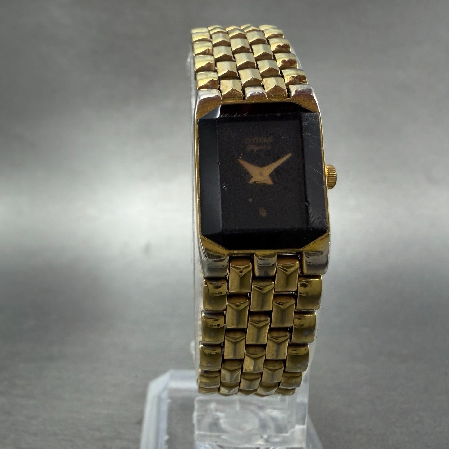 Citizen CQ Elegance Tank Watch Women 15mm Black Dial Gold Tone New Battery VTG5