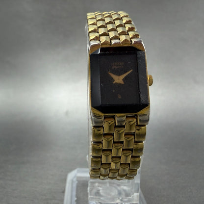 Citizen CQ Elegance Tank Watch Women 15mm Black Dial Gold Tone New Battery VTG5
