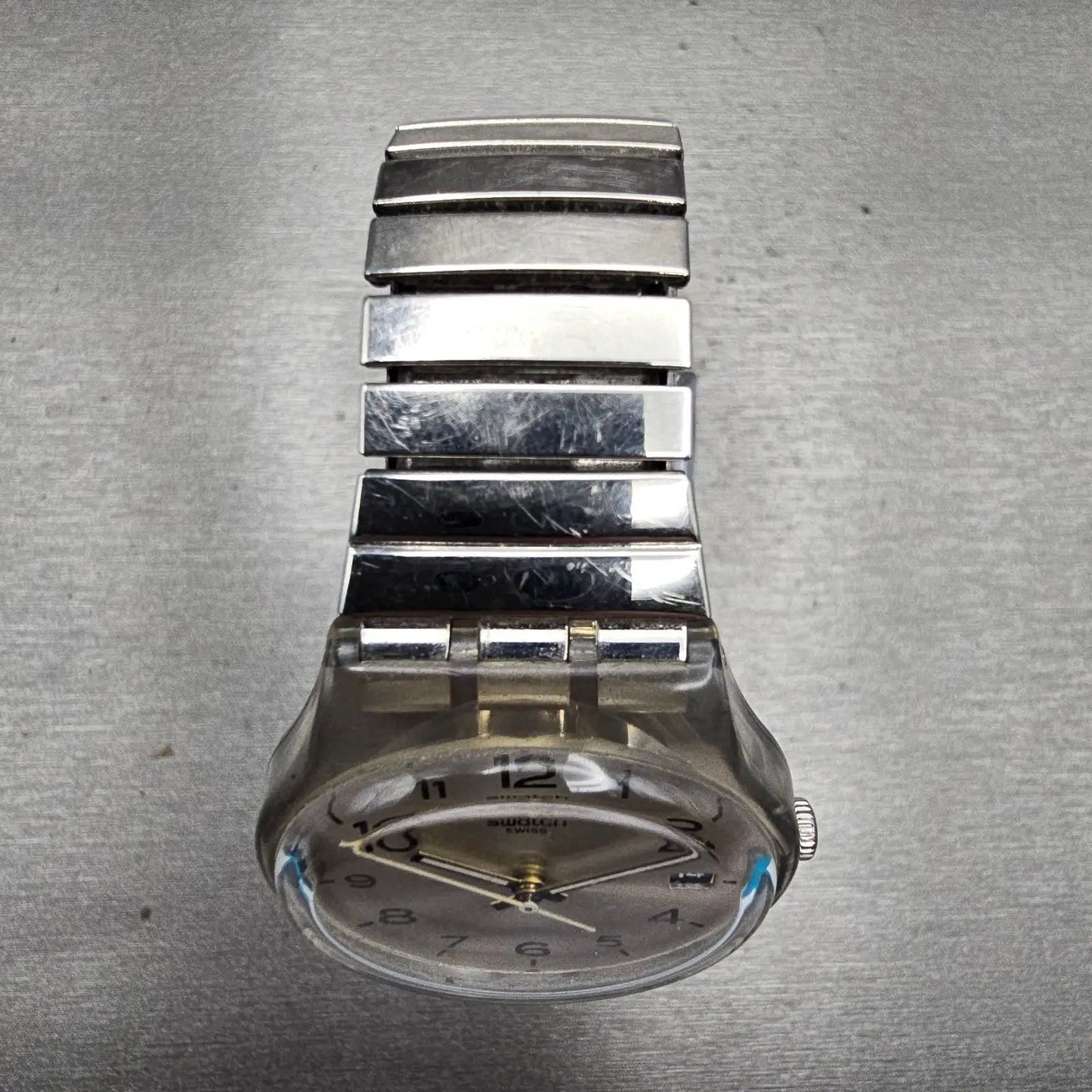 Swatch Silverall Watch Men 34mm Silver Dial Clear Case Date GM416 New Battery4