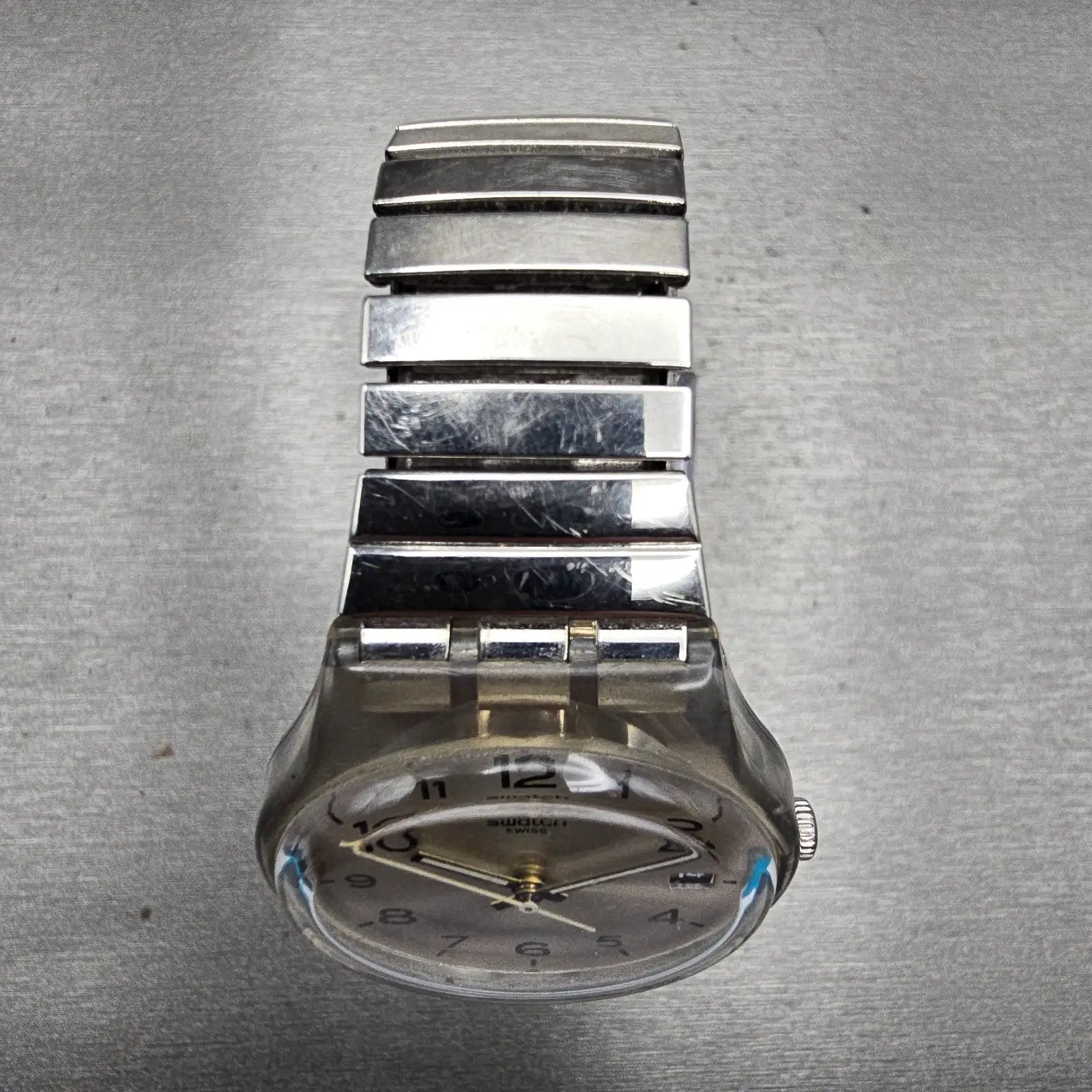 Swatch Silverall Watch Men 34mm Silver Dial Clear Case Date GM416 New Battery4