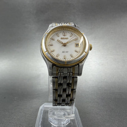 Seiko SQ 50 Watch Women 26mm White Dial Two Tone Date 7N82-0530 New Battery5
