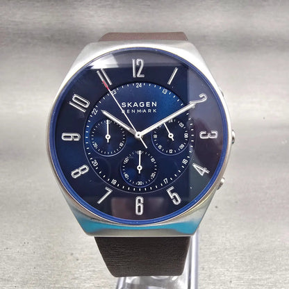 Skagen Grenen Chronograph Watch Men 42mm Blue Dial Silver Tone SKW6842 New Batt0