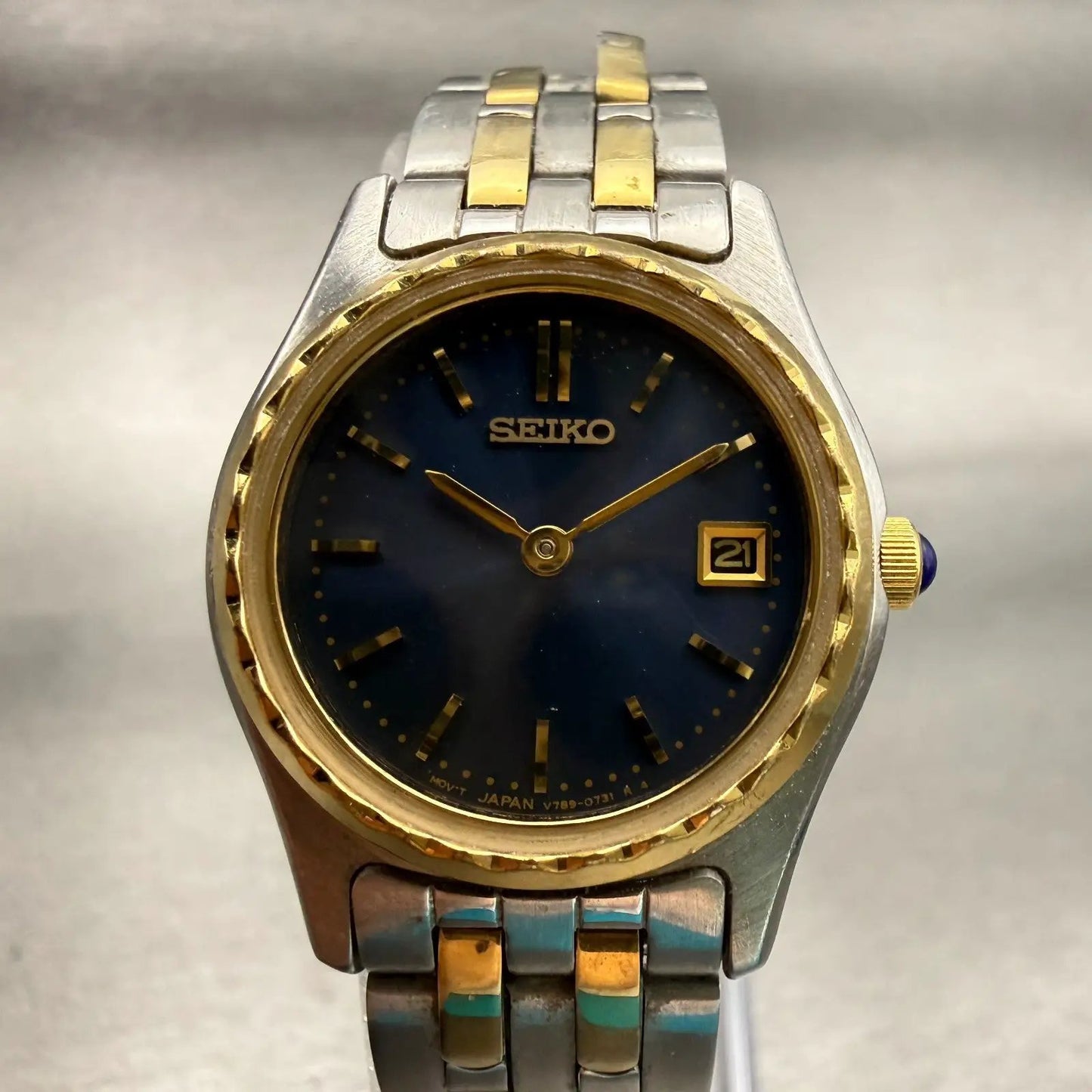 Seiko Watch Women 25mm Blue Dial Two Tone Date Round V789-0340 New Battery VTG0
