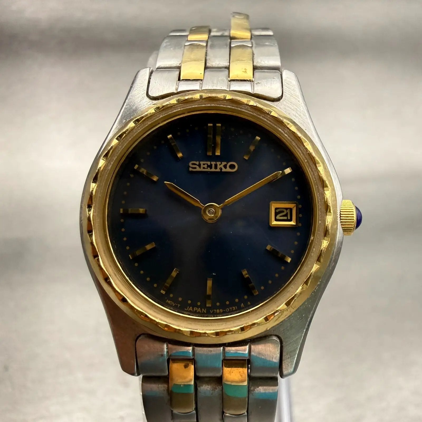 Seiko Watch Women 25mm Blue Dial Two Tone Date Round V789-0340 New Battery VTG0