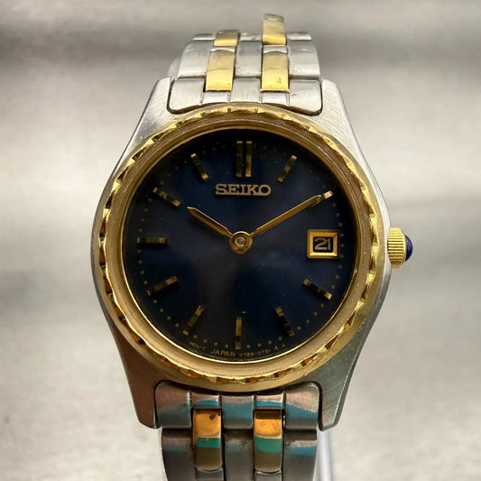 Seiko Watch Women 25mm Blue Dial Two Tone Date Round V789-0340 New Battery VTG0