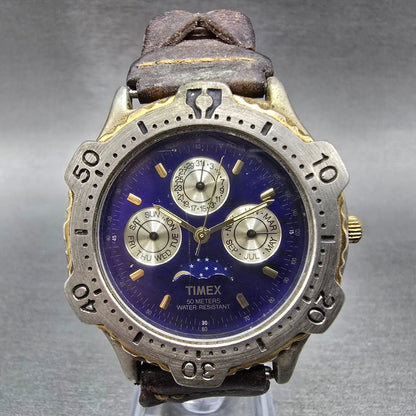 Timex Moon Phase Triple Calendar Watch Men 42mm Blue Dial Two Tone New Battery0