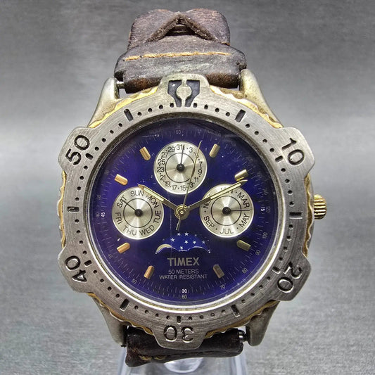 Timex Moon Phase Triple Calendar Watch Men 42mm Blue Dial Two Tone New Battery0