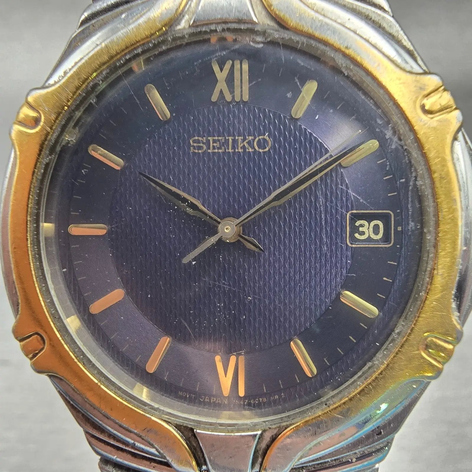 Seiko Watch Men 36mm Blue Dial Two Tone Date Round 7N42-6C10 New Battery Vintage1