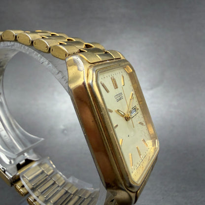 Citizen Tank Watch Men 28mm Champagne Dial Gold Tone Daydate 6000-T25249 New Bat3