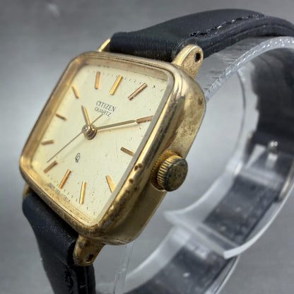 Citizen CQ Watch Women 22mm Champagne Dial Gold Tone Rectangle New Battery VTG 62