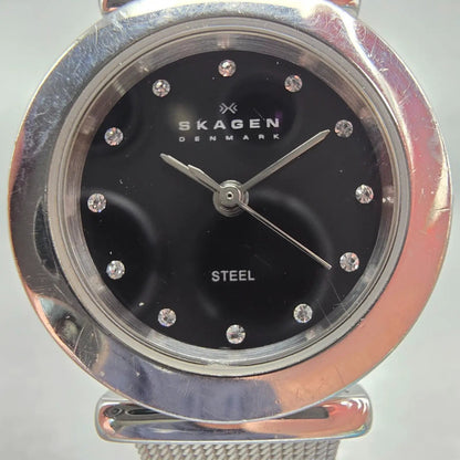 Skagen Watch Women 22mm Black Dial Silver Tone Round 107SSSBD New Battery Mesh1