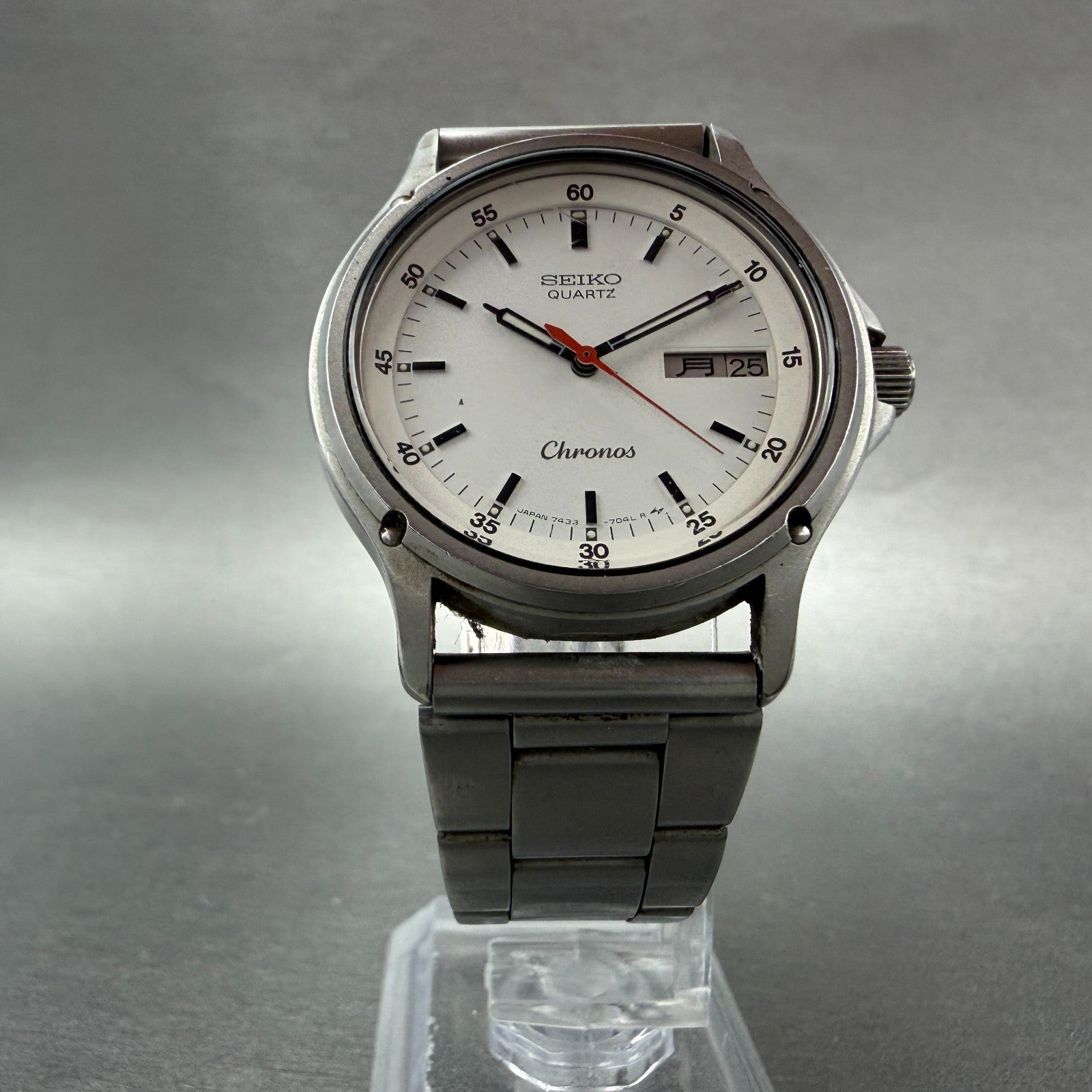 Seiko Chronos Watch Men 34mm White Dial Silver Tone Daydate 7433-7030 NewBattery5