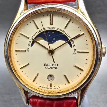 Seiko Moon Phase Watch Women 25mm Cream Dial Gold Tone Date 4K24-0019 New Batt1