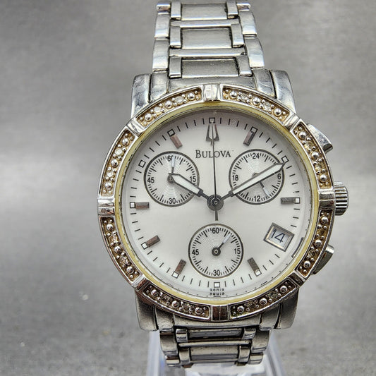 Bulova Chronograph Watch Women 30mm White Dial Silver Tone Date 96R19 New Batt0