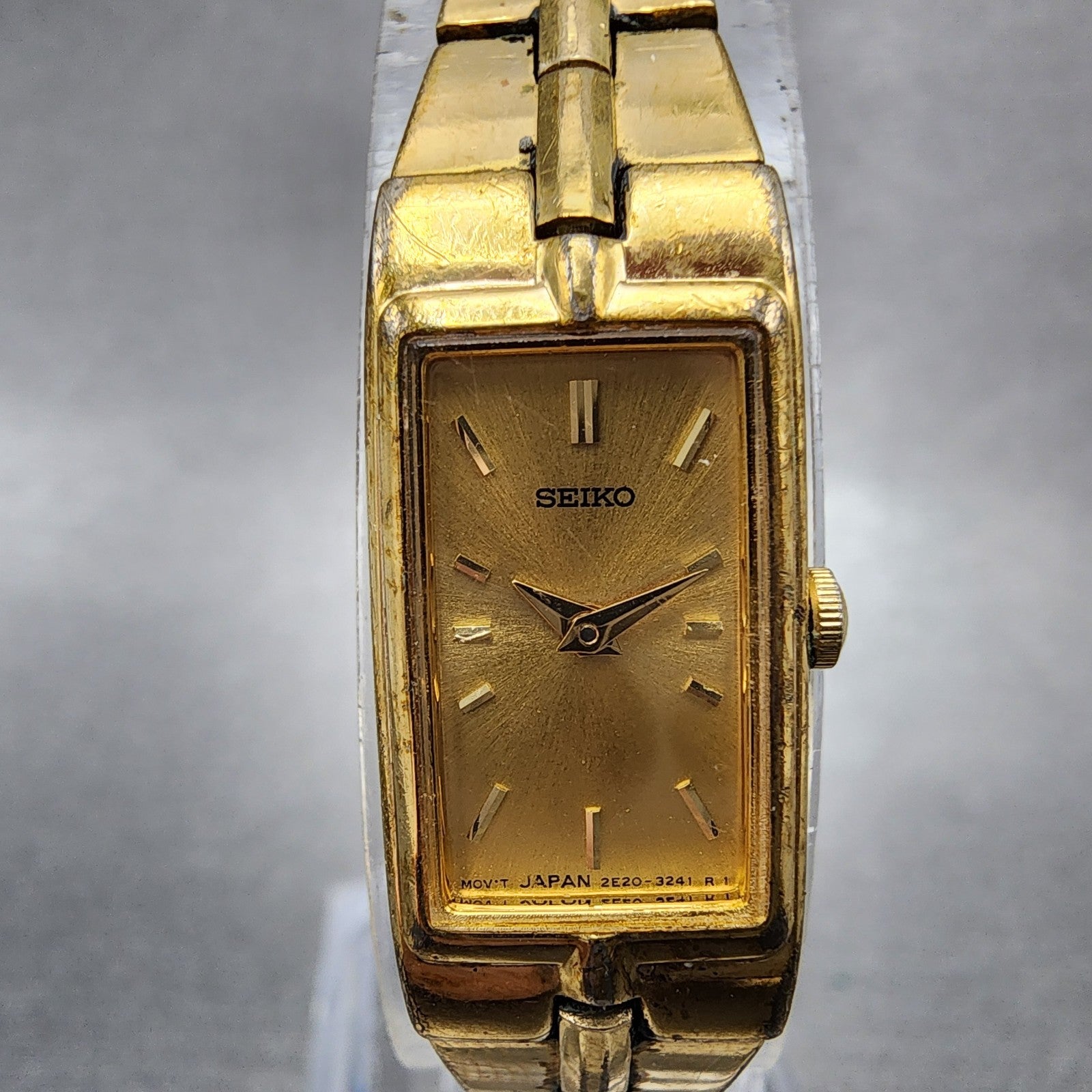 Seiko Tank Watch Women 13mm Champagne Dial Gold Tone Rectangle 2e207479 New Bat1