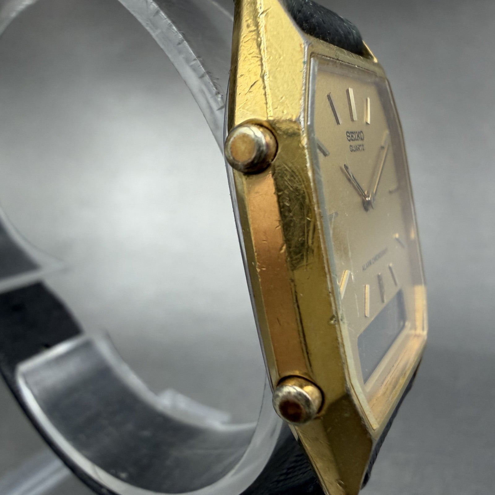 Seiko Analgo Digital Watch Men 29mm Gold Dial Gold Tone Alarm H448-5060 PARTS4