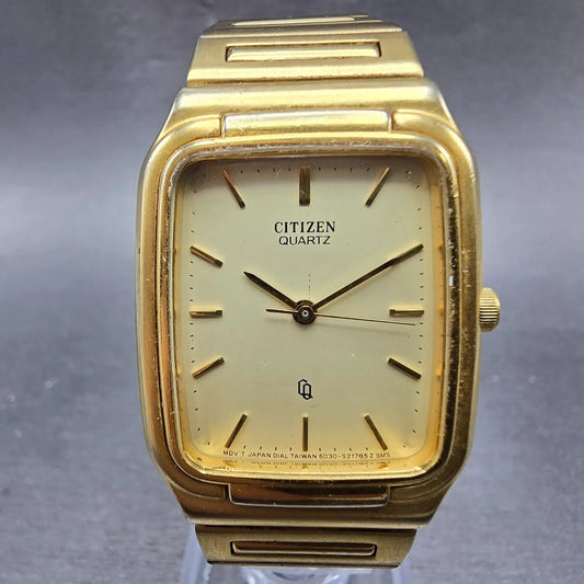 Citizen CQ Tank Watch Men 26mm Champagne Dial Gold Tone 6031-S16890 New Battery0