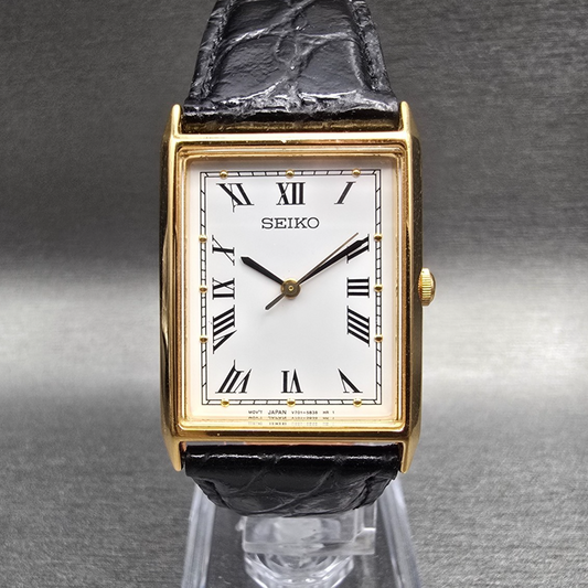 Seiko Tank Watch Men 24mm White Dial Gold Tone Rectangle V701-5E10 New Battery0